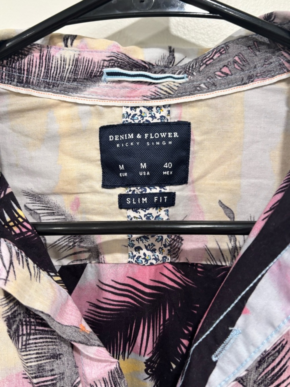 Denim & Flower Pink and Beige Palm Print Short Sleeve Button-Down Slim Fit - Picture 2 of 8